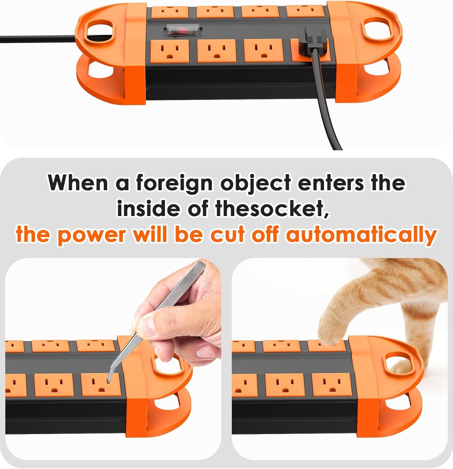 CCCEI Outdoor Power Strip Weatherproof with 8 Plug, Waterproof Extension Cord with Multiple Outlets, Christmas Exterior Garden Yard Surge Protector 10FT, Orange.