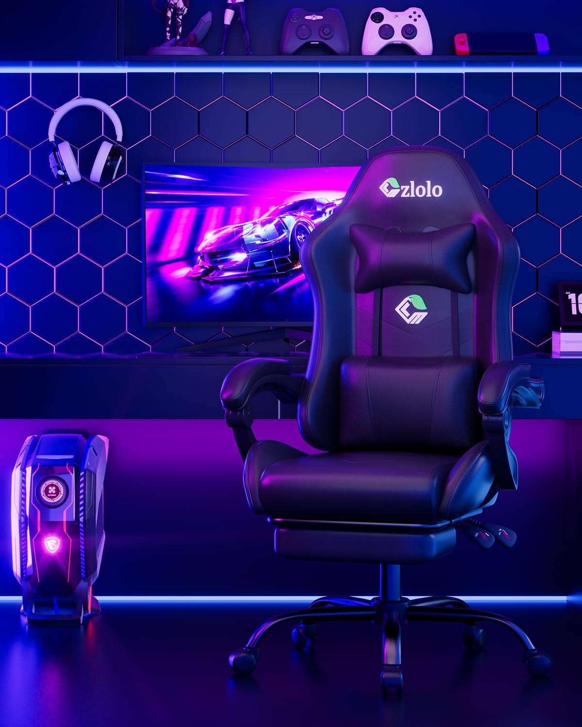 Gaming Chair, Ergonomic Office Computer Chair with Footrest and Lumbar Support Massager Racing Style High Back Video Gamer Chair, Wide＆Thick Cushion, 90°-135° Recline, Adjustable Height, Black