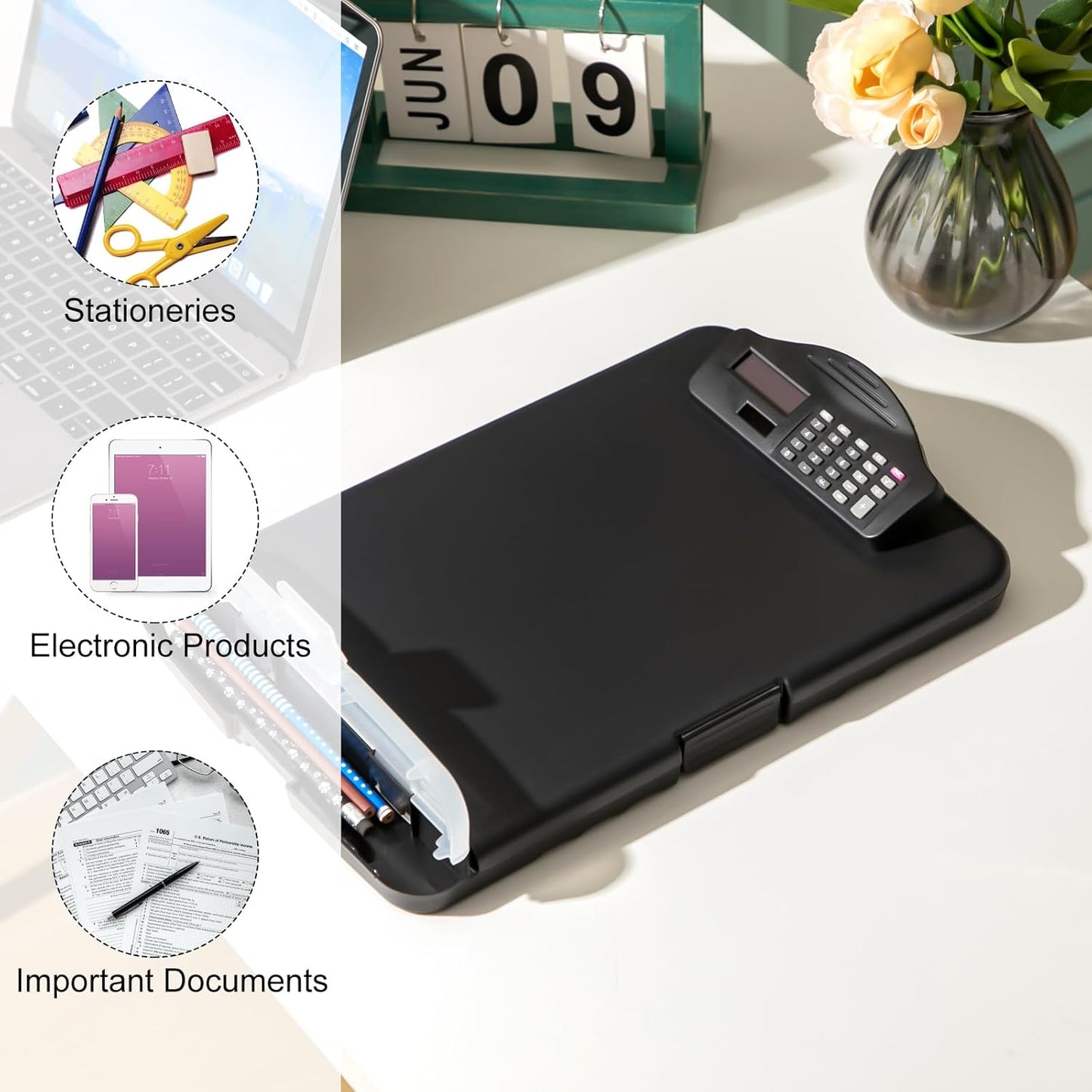 Geyoga 1 Pack Calculator Clipboard with Storage 14 x 10 x 2.6 Inches File Folder Plastic Storage Clipboard Letter Size File Folder with Low Profile Clip for School Classroom Office