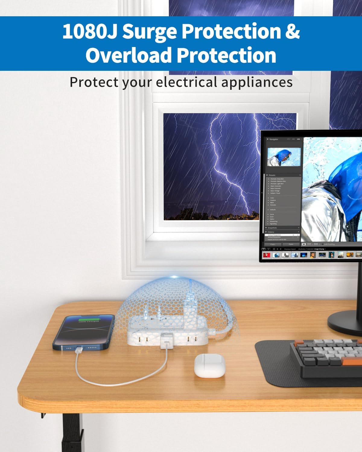 Flat Extension Cord 15 ft, NTONPOWER Surge Protector Power Strip with 6 Widely Outlets 4 USB Ports(2 USB C), Flat Plug, Wall Mounted, Side Outlet Extender for Indoor, Home Office, Dorm Room Essentials