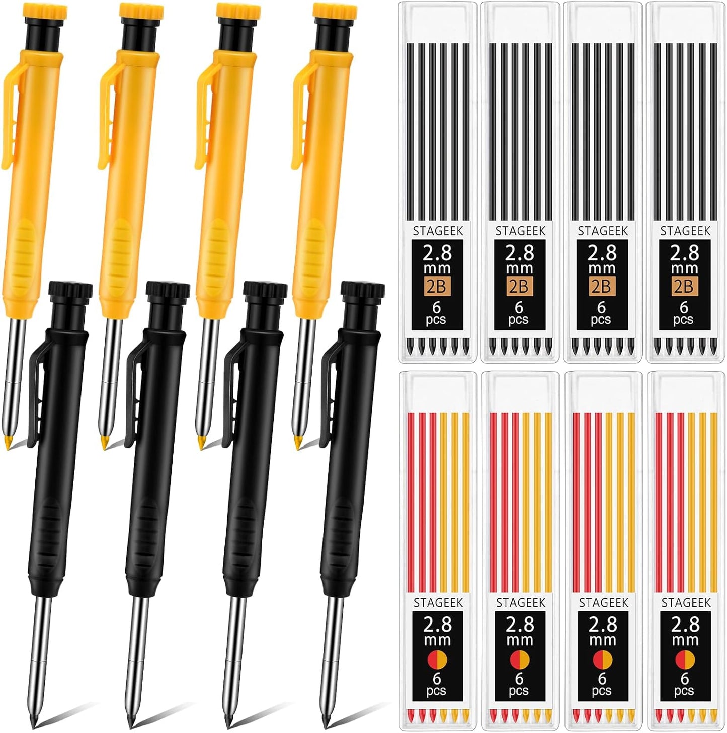 8 pack 2.8mm Mechanical Carpenter Pencils with 48 Refills, Construction Pencils with Built-in Sharpener, Long Nib Deep Hole Marker, Heavy Duty Woodworking Tools (Black+yellow)