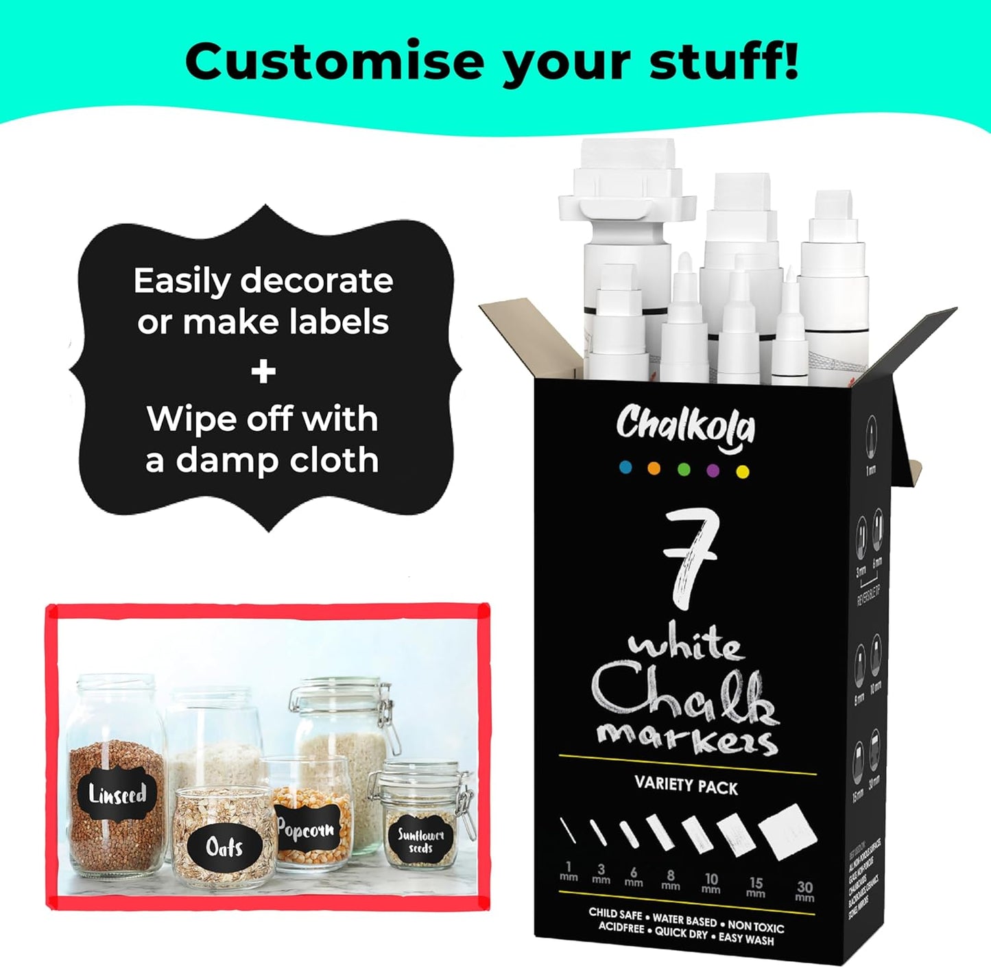 7 White Chalk Markers for Chalkboard Signs, Blackboard, Car Window, Bistro, Glass | 7 Variety Pack - Thin, Fine Tip, Bold & Jumbo Size Erasable Liquid Chalk Pens (1mm, 3mm, 6mm, 8mm, 10mm, 15mm, 30mm)