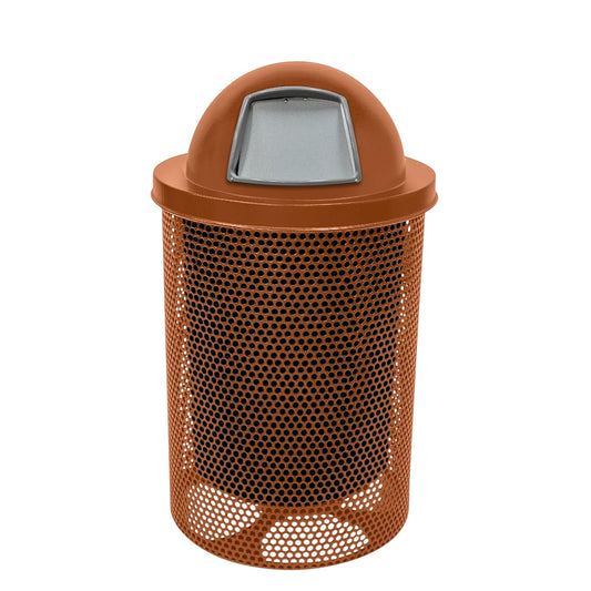 32-Gallon Heavy-Duty Punched Steel Round Trash Receptacle, Commercial Outdoor Waste Bin with Liner & Black Dome Lid – Made in America (Textured Copper)