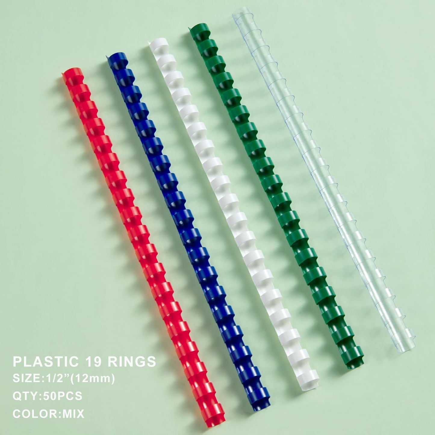 HOUYEE 19 Ring Plastic Binding Comb,1/2 Inch Diameter,75 Sheet Capacity,Letter Size, Multi-Color Binding Comb Spines, 50 Pack,White, Red,Green,Clear,Blue