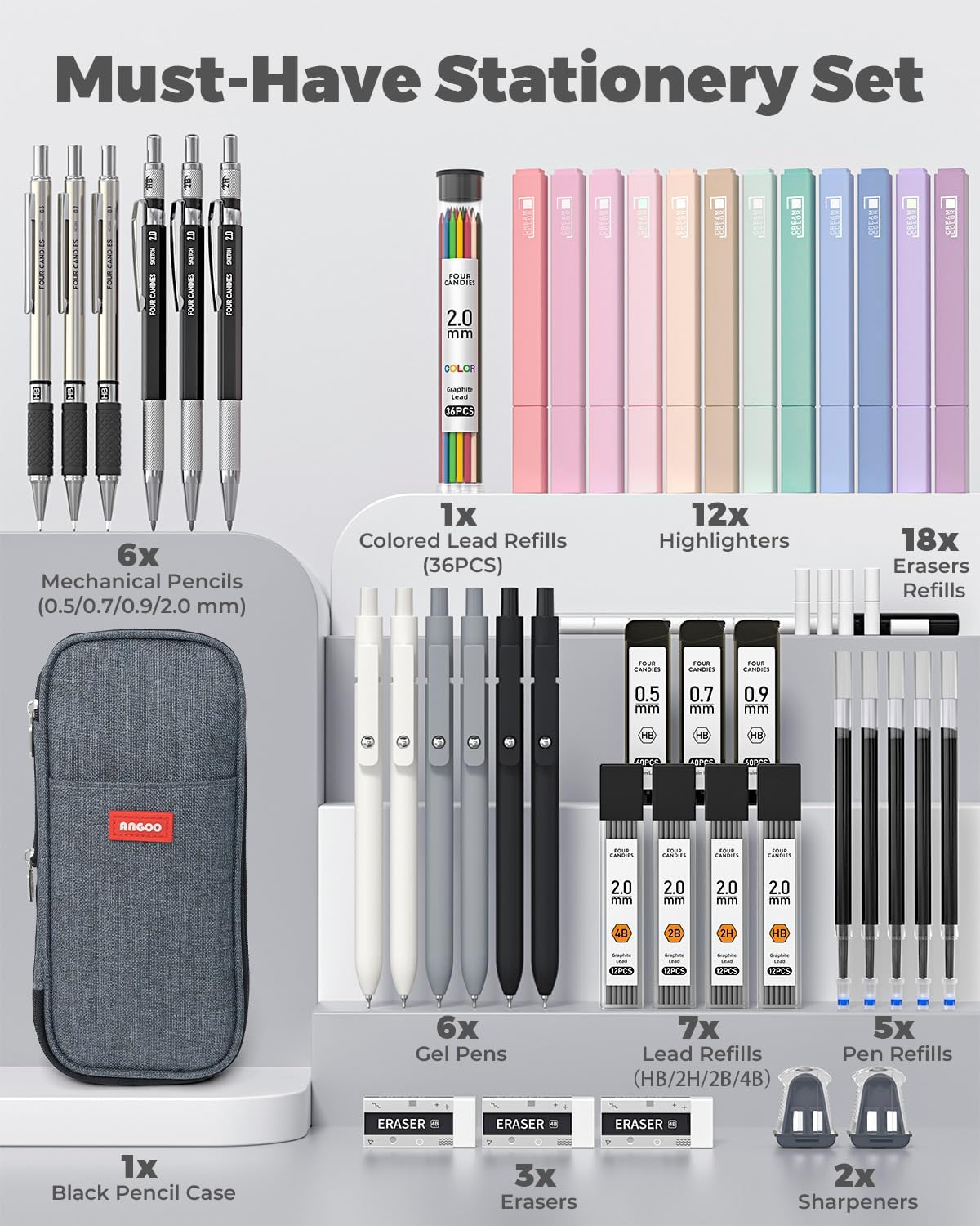 Four Candies 45 PCS School Supplies with Pen Case, 6 Gel Pens, 6 Art Mechanical Pencil Set, 12 Highlighters for College Essentials Office Stationery (Black)