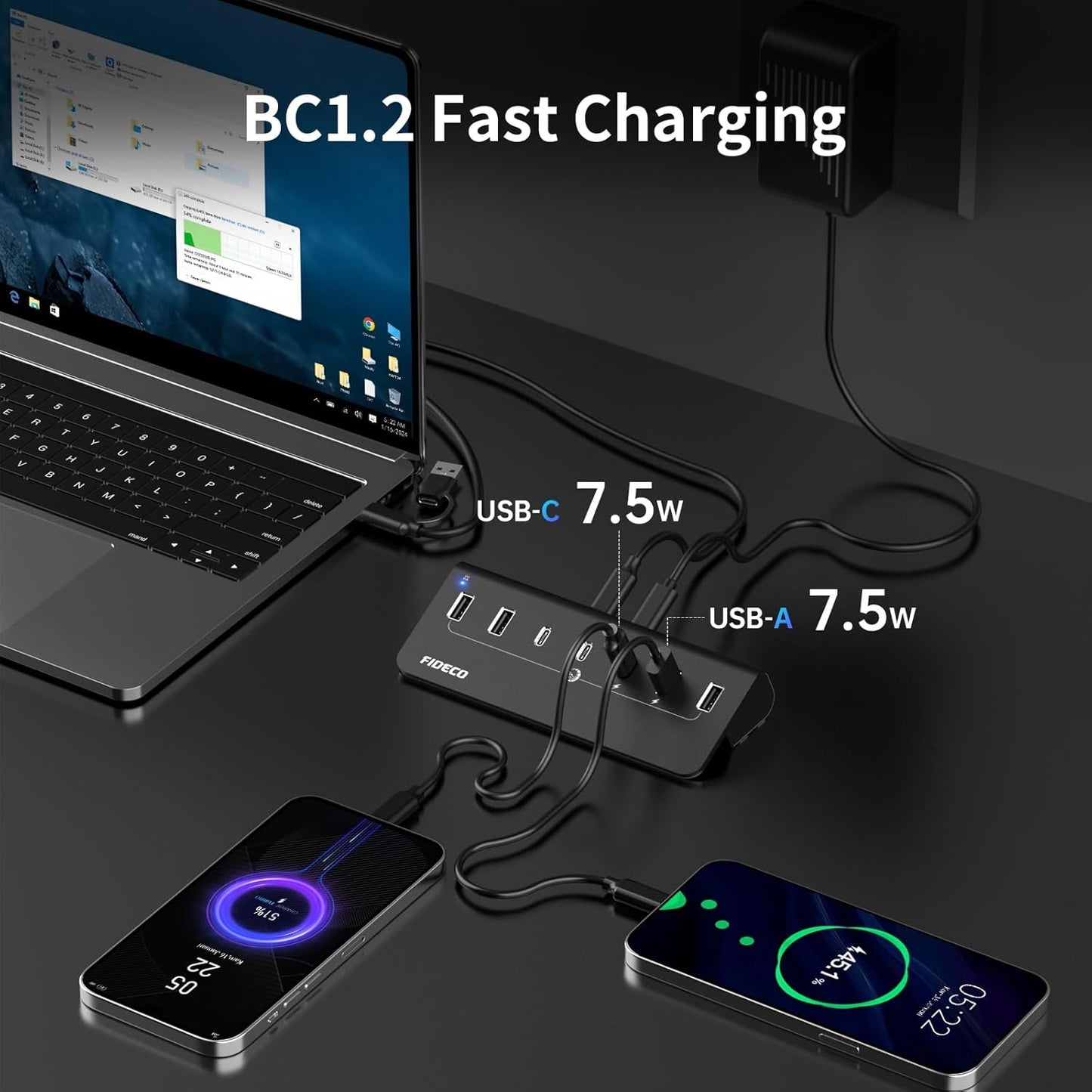 FIDECO Powered USB Hub, 7 Port USB 3.2 Gen 2, 10Gbps Fast Data Hub for iPhone 16/15 and Laptop, Aluminum USB Splitter with 5V 3A Power Adapter, 4 USB-A and 3 USB-C Ports, Support BC1.2 Charging