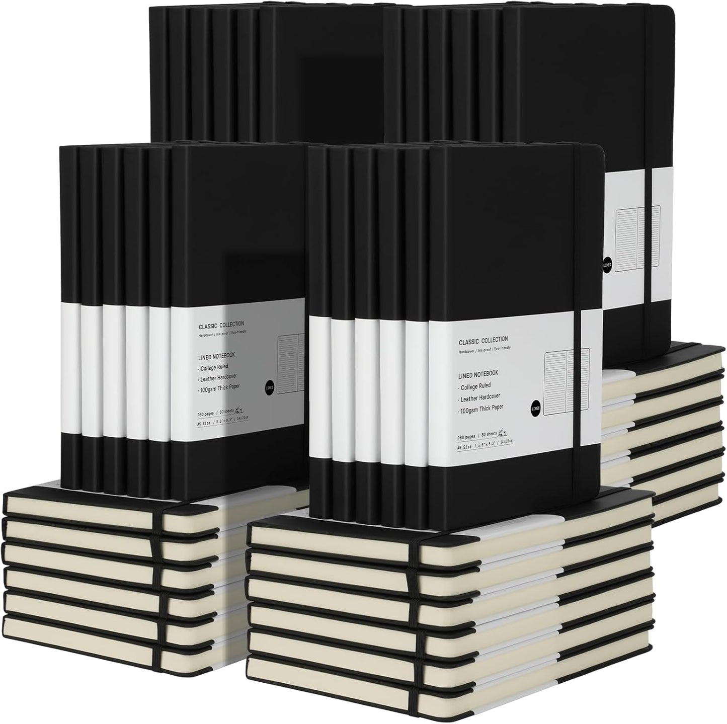 Coopay 48 Pack A5 Journal Notebooks Bulk, 160 Pages, 100GSM Thick Paper, 8.3 x 5.5 inch Hardcover Lined Leather Journals for Writing Office School Business,Bulk Notebook for Work Men Women (Black)