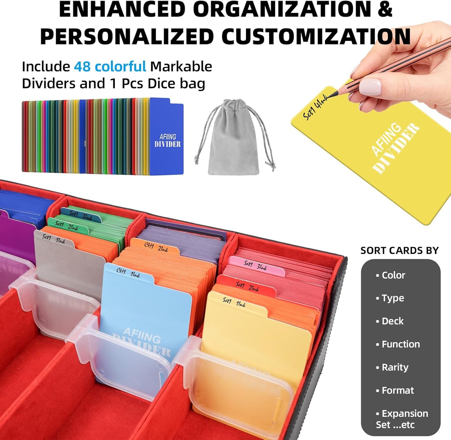 AFIING Trading Card Storage Box, MTG Deck Box with 48 Dividers & Supporters, Commander Card Deck Case Fits for Magic Game Cards, YugiOh, TCG, baseball and Sport Cards, Black Red 3200+