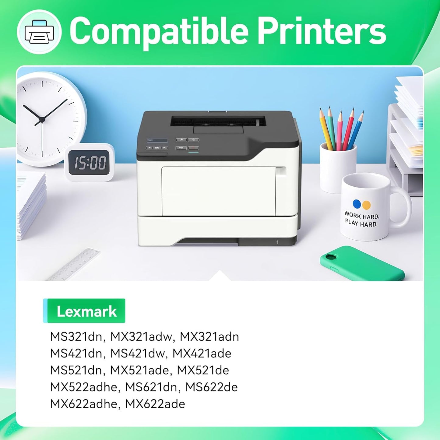 56F1H00 Toner Cartridge Black with Chip Compatible for Lexmark MS321dn MS421dn MS421dw MS521dn MS621dn MS622de MX321adn MX321adw MX421ade MX521ade MX521de MX522adhe MX622ade MX622adhe Printer Ink Copy