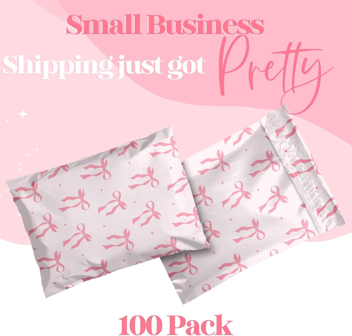 10x13 Designer Poly Mailer 100 Pack Heavy Duty Waterproof Self Seal Shipping Bags for Small Business Large Mailing Envelopes Bulk Tear Resistant Packaging Pink Bows Coquette
