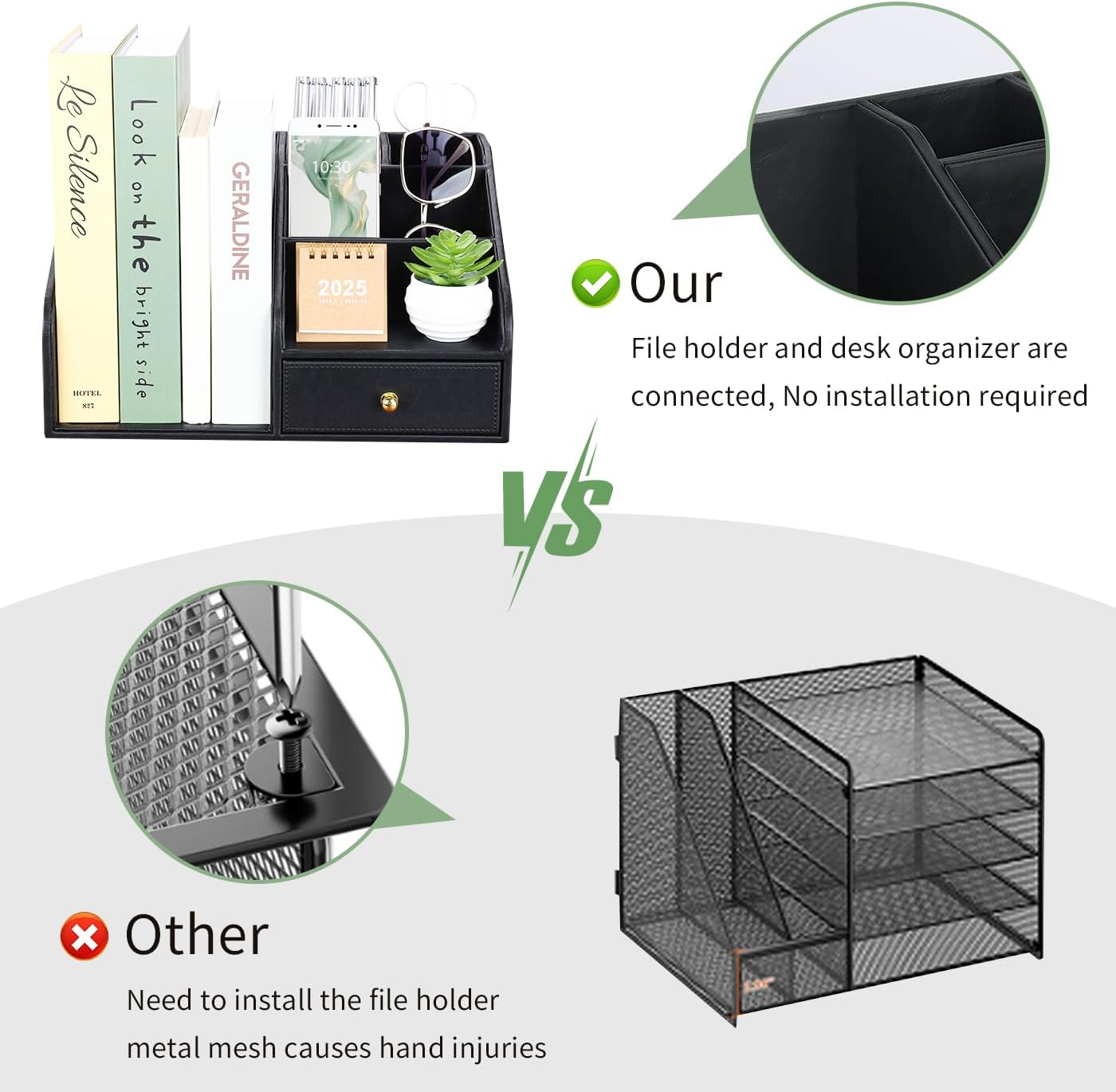 GORESE PU Leather Desk Organizer, File Organizer with Drawer and 4 Compartments, Desktop Organization with Magazine file Holder for Office Supplies, Elegant Gift for Men Who Have Everything, Black