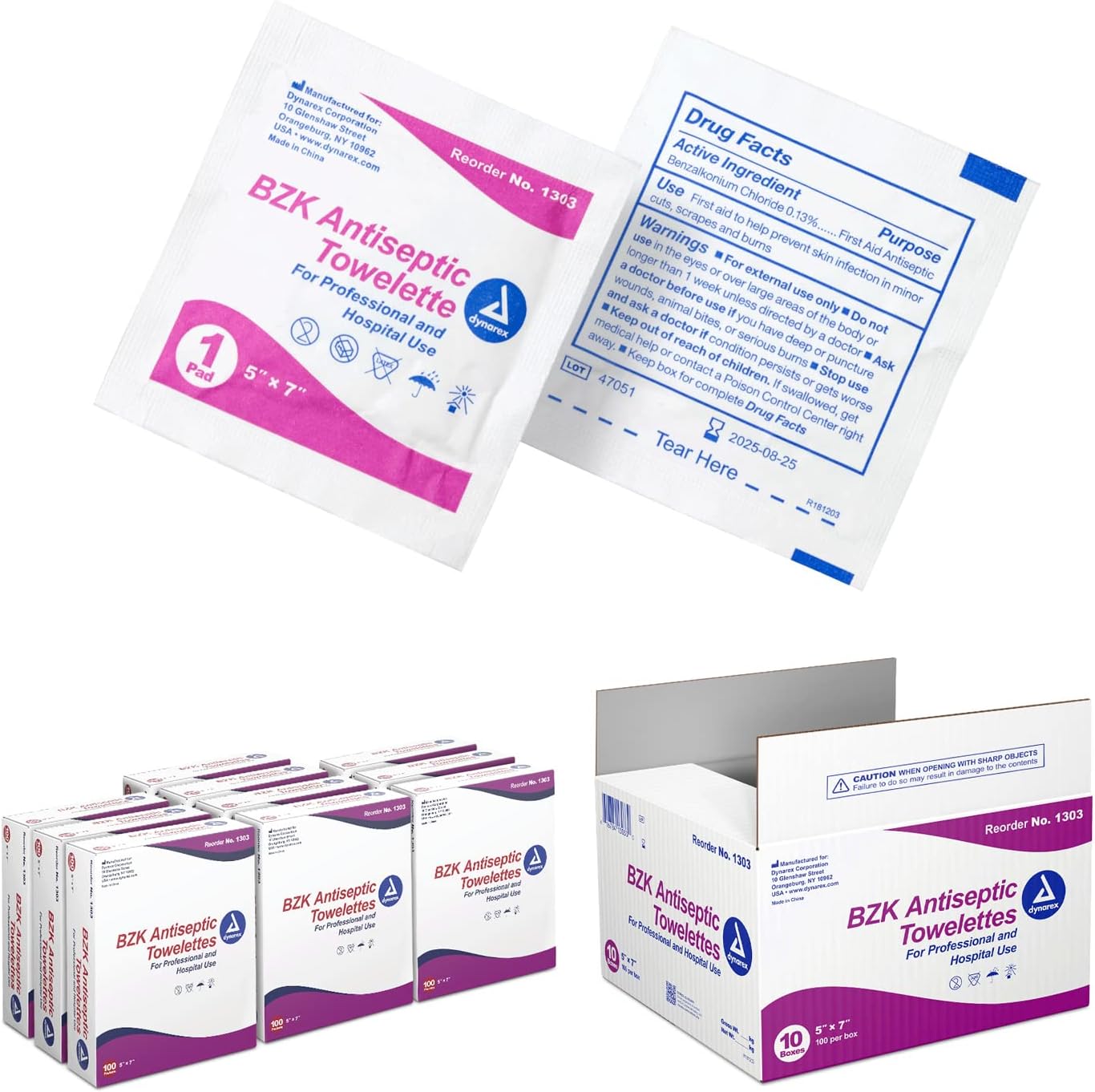 Dynarex BZK Antiseptic Towelettes, 5" x 7", Disposable and Premoistened, Individually Wrapped, 1 Case | 10 Boxes of 100 Dynarex BZK Antiseptic Towelettes (Packaging May Vary)