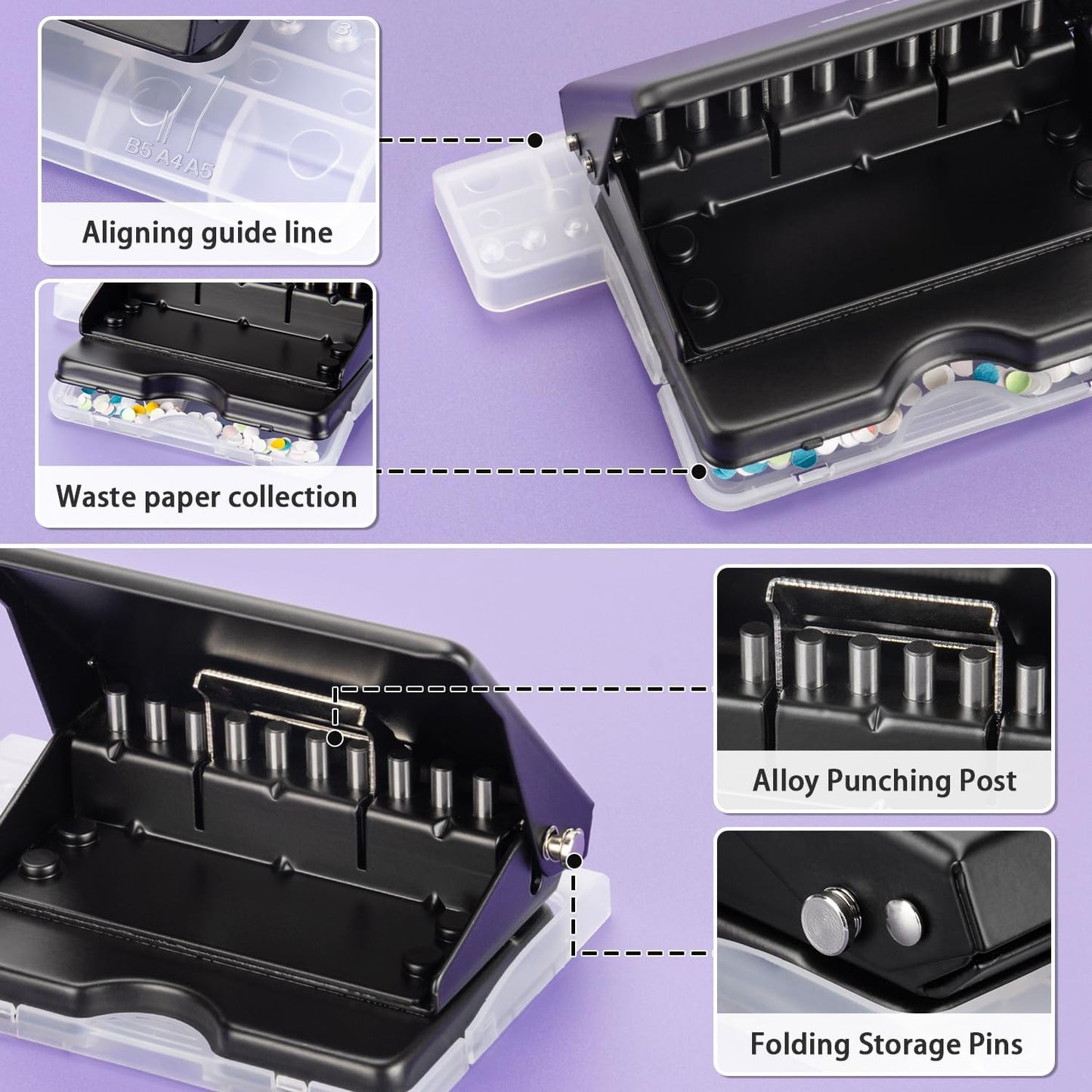 IMLIKE 10-Hole Binding Machine for Planners - Metal Manual Binding System with 10 Multi-Color 30-Hole Loose Leaf Binding Spines - Punches 26 Holes on B5, 30 Holes on A4, 20 Holes on A5 Paper - Black