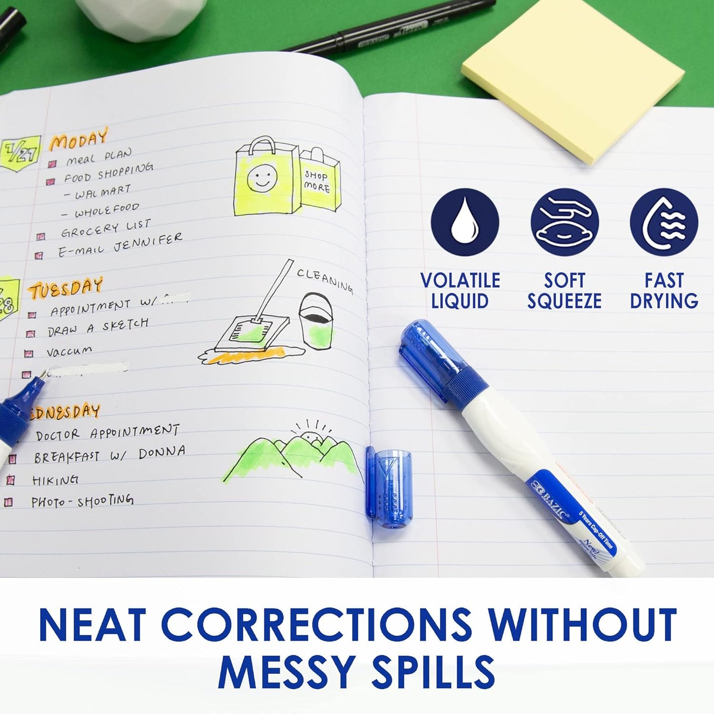 BAZIC Correction Pen, Precise Metal Tip Applicator, Fine Point Corrections Fluid, White Out Wipe Out Liquid (2/Pack), 1-Pack