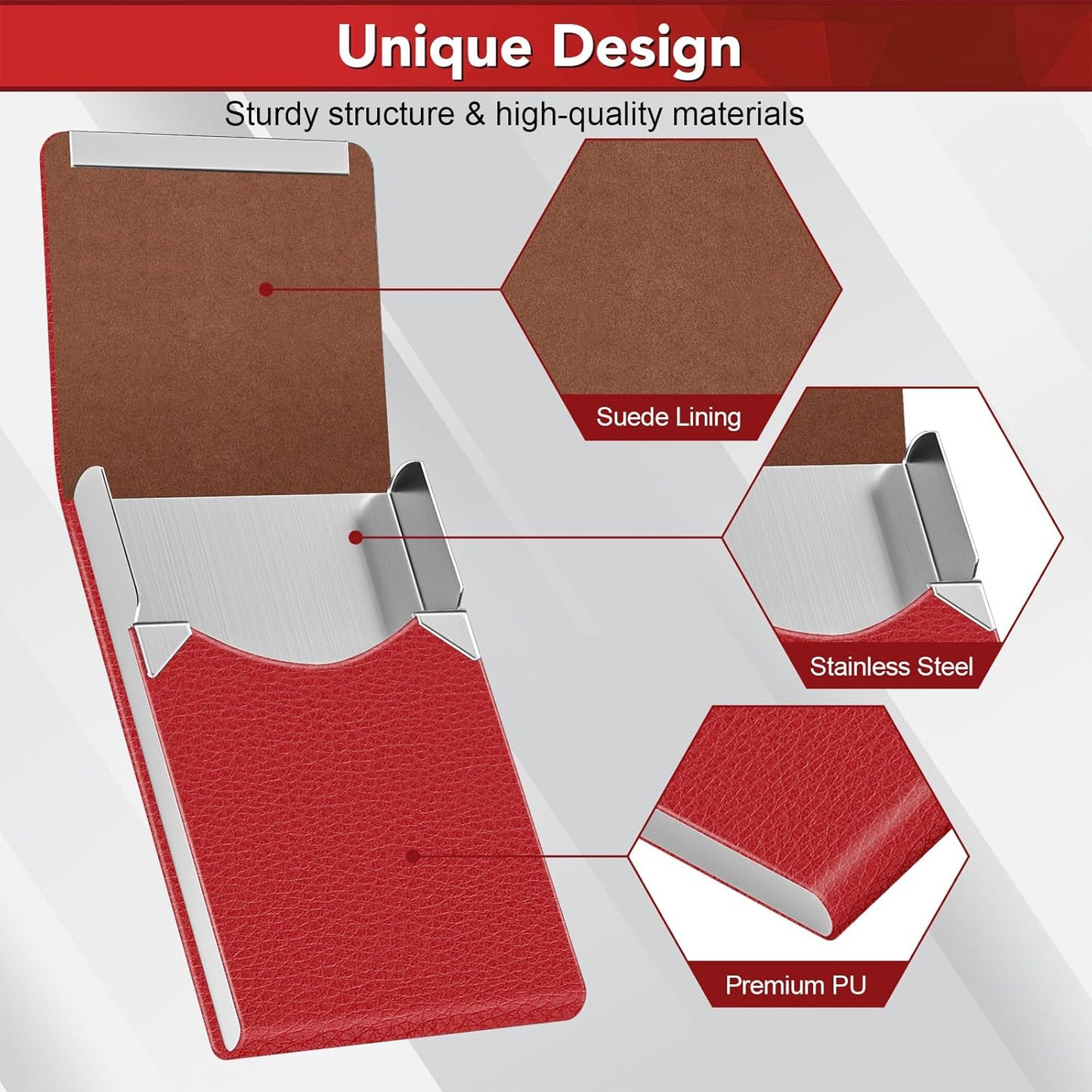 Business Card Holder with Ultra Slim Design, Business Card Case with Premium PU Leather, Suit Pocket Metal Card Holder for Women/Men, Magnetic Closure Quick Access Cards