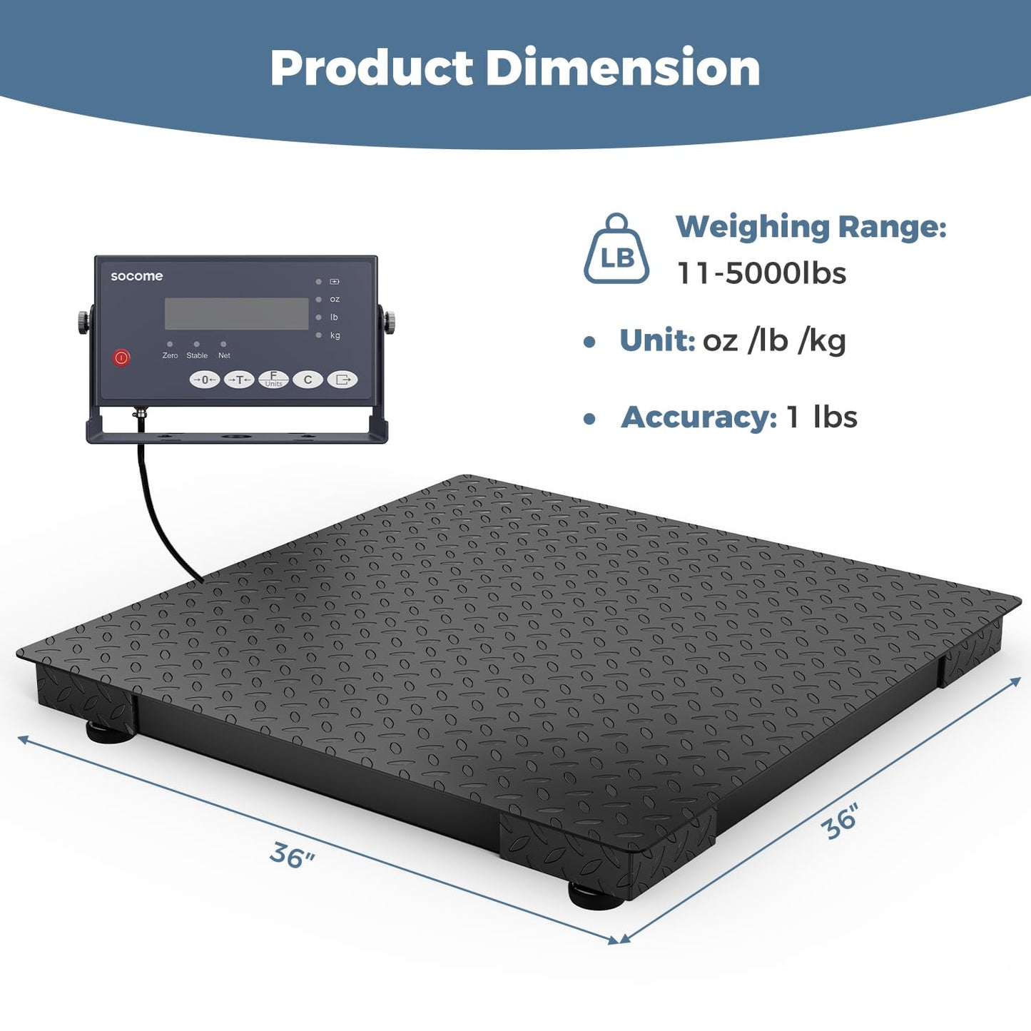 36"x36" Industrial Floor Scale, Heavy-Duty Warehouse Scale with Digital Indicator, Accurate Pallet Scale for Postal Luggage Shipping Mailing Weighing, 5000 lb x 1 lb, Black