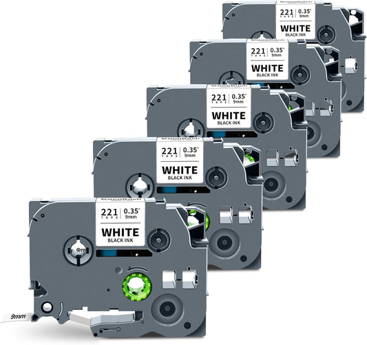 5-Pack TZe-221 Tape 9mm 0.35 Laminated White Compatible for Brother P Touch Label Tape TZe221 TZ-221 Work with Ptouch PT-D210 PT-D220 PT-H103W PT-1890 PT-D600 PT-D410 Label Maker, 3/8 Inch x 26.2 Ft