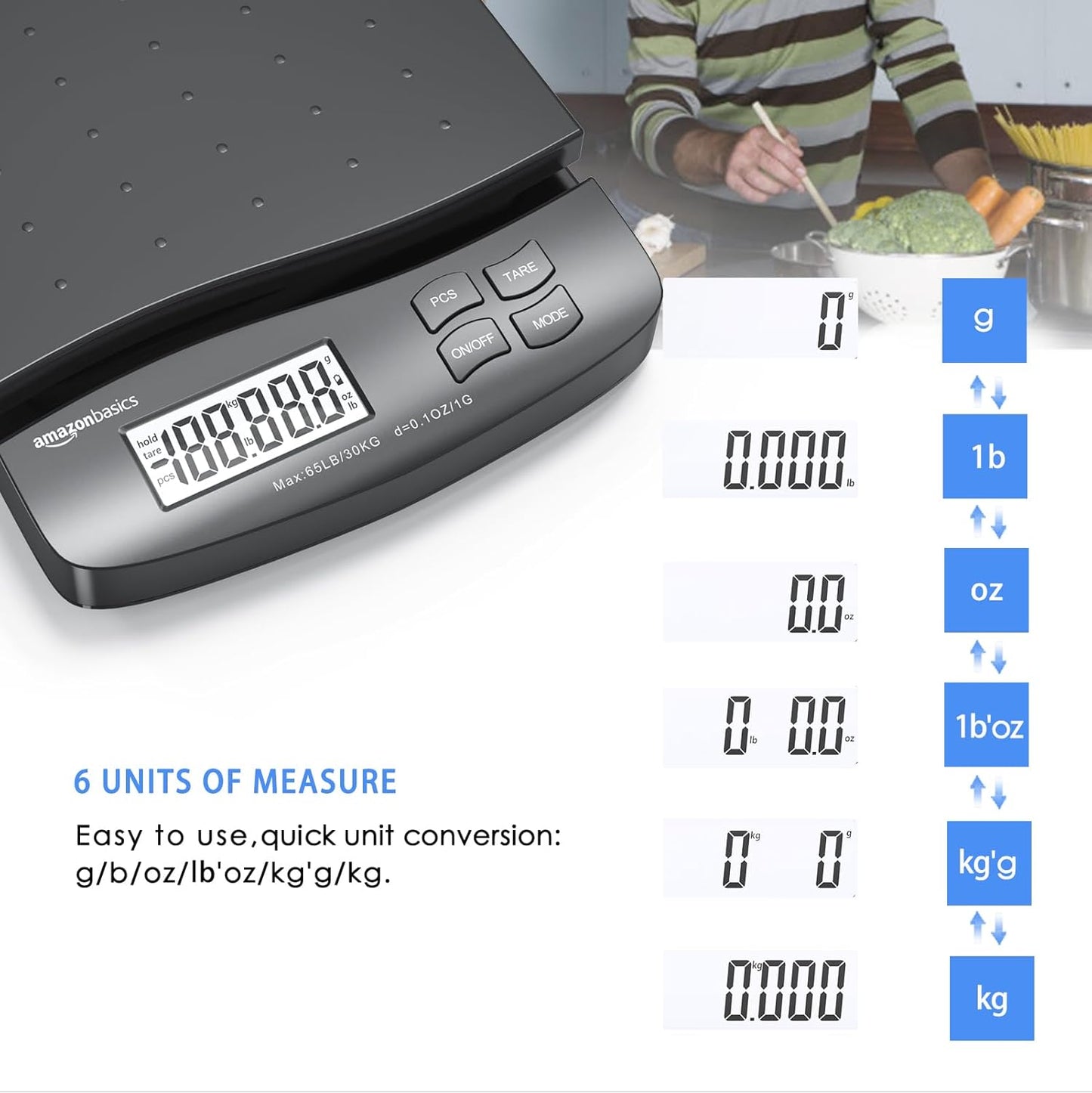 Amazon Basics Digital Postal Scale, AC Adapter, 65 lb Capacity, 0.1 oz Readability, Black