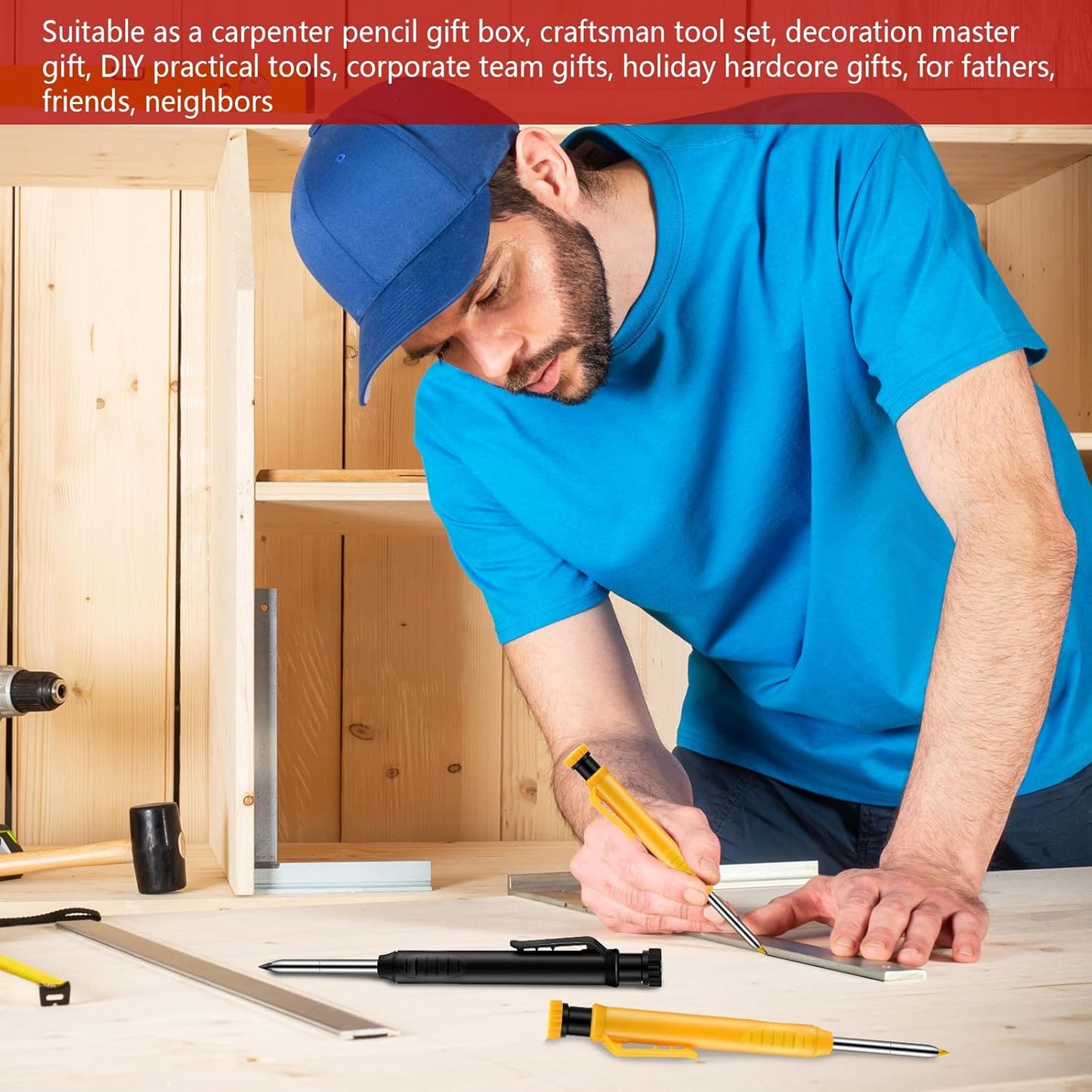 8 pack 2.8mm Mechanical Carpenter Pencils with 48 Refills, Construction Pencils with Built-in Sharpener, Long Nib Deep Hole Marker, Heavy Duty Woodworking Tools (Black+yellow)