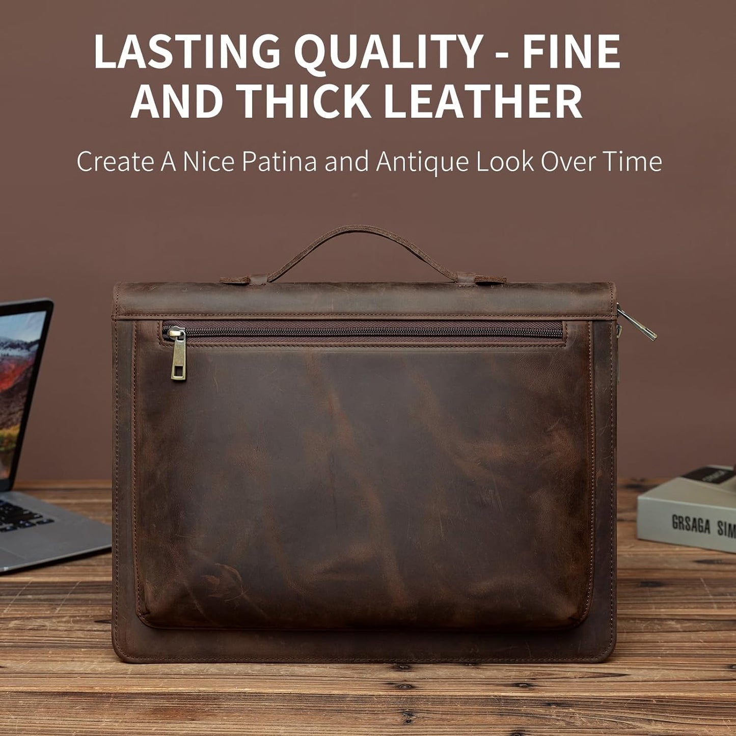 Handmade Vintage Crazy Horse Leather Portfolio,Business Organizer Padfolio with Handle, for iPad Pro/Microsoft Surface Pro/13 inch Tablet, Dark Khaki