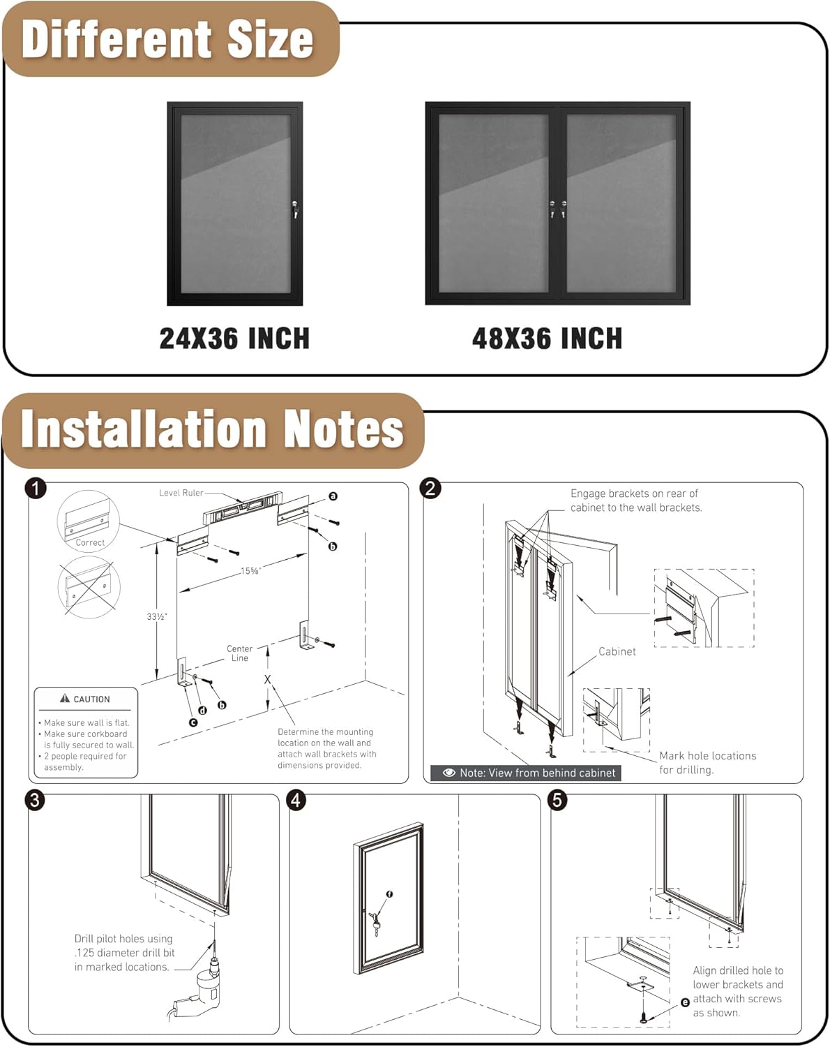 36"x24" Enclosed Bulletin Board, Outdoor Lockable Weather-Resistant Aluminum Cork Noticeboard for School & Office, Black Frame w/Grey Flet