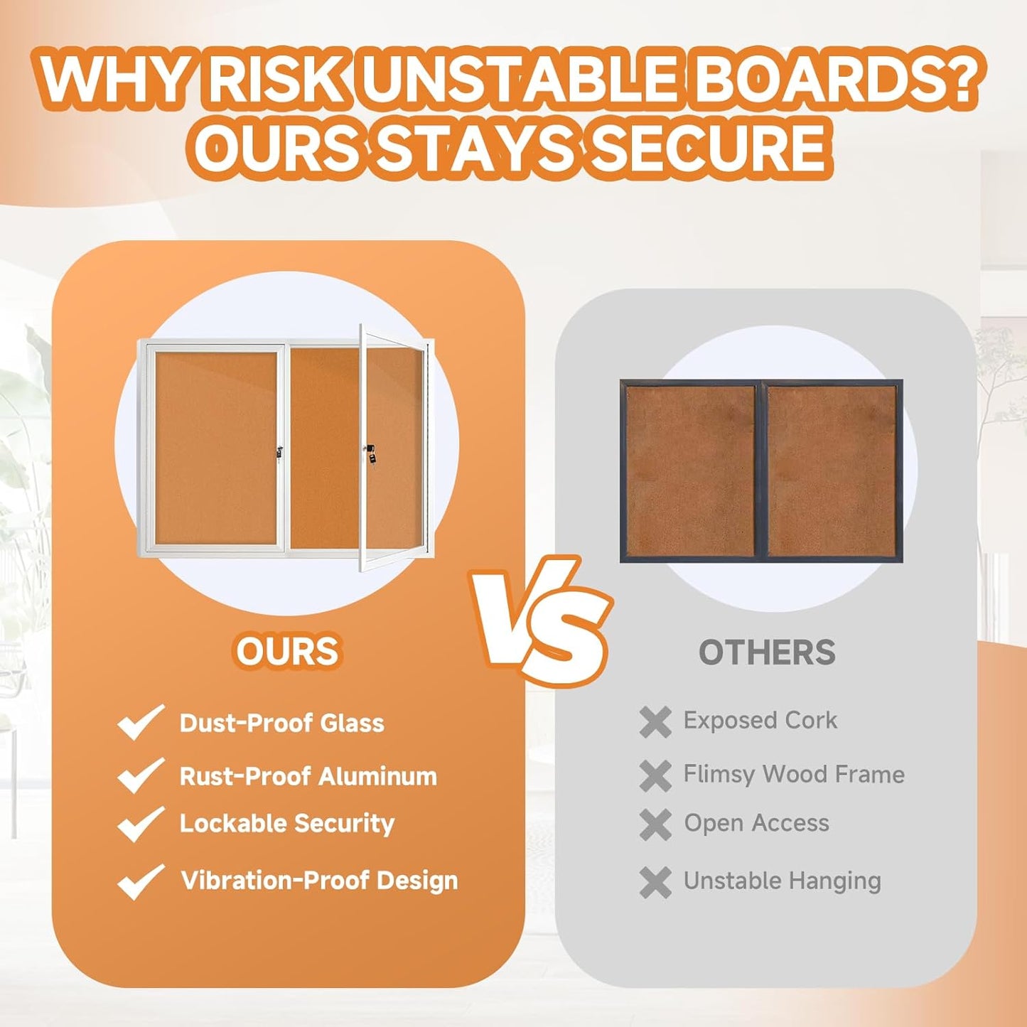 Enclosed Bulletin Board with Locking Door, Outdoor Bulletin Board Weatherproof, Lockable Display Case for Home, Office, and Community Use(31.5" L x 43.3" W Cork)