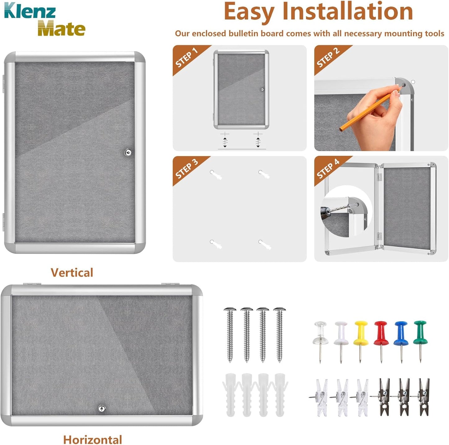 20"x14" Enclosed Bulletin Board Tamper-Proof Dispaly Case,Grey Fabric&Aluminium Frame,Shatter Resistant Lockable Bulletin Board with Clear Acrylic Door for School,Office,Mall,Community,Hospital,Church