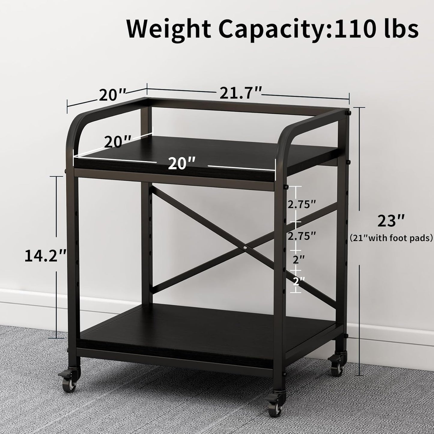 2 Tier Large Printer Stand, 20 x 20 Inches Printer Table with Storage Shelf, Rolling Printer Cart with Wheels for Home Office, Scanner Fax (Black)