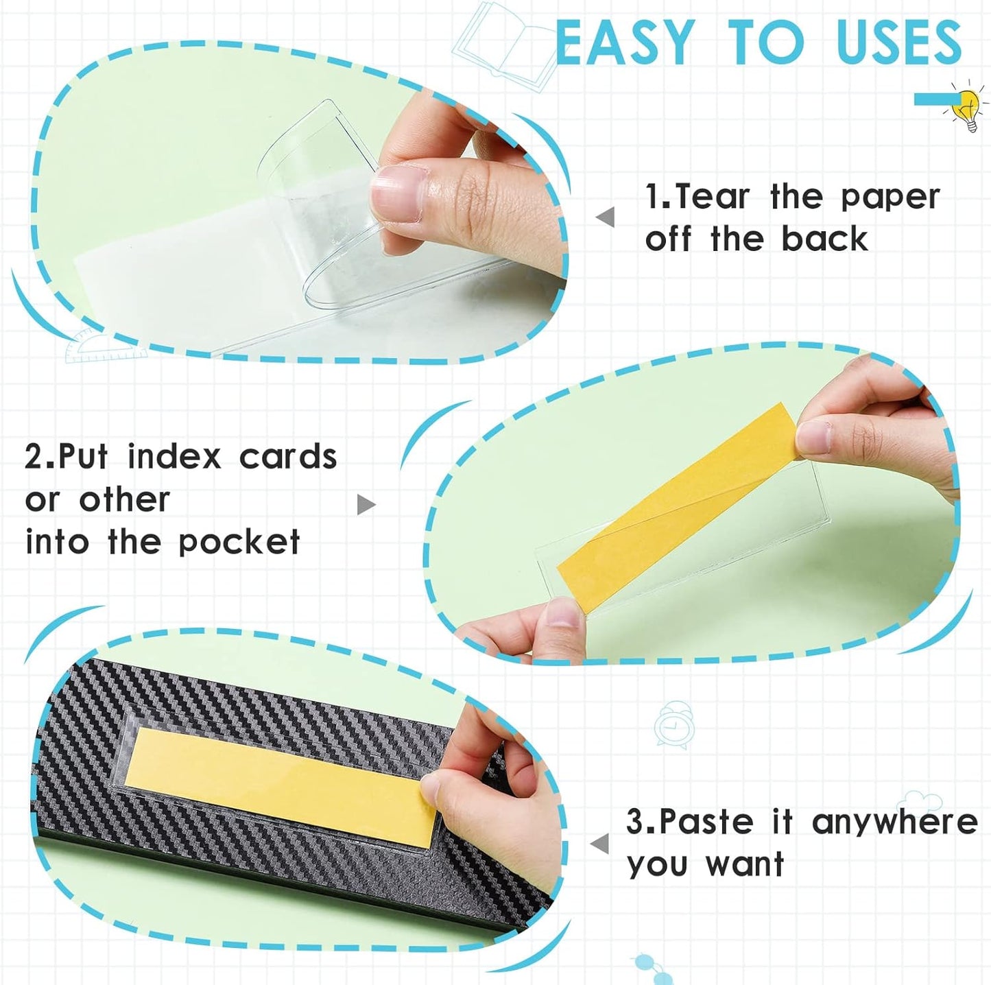 Chinco 30 Pack Self-adhesive Index Card Pockets with Top Open for Loading - Ideal Index Card Holder for Organizing and Protecting - Crystal Clear Plastic(1.2 x 4.4 Inches)