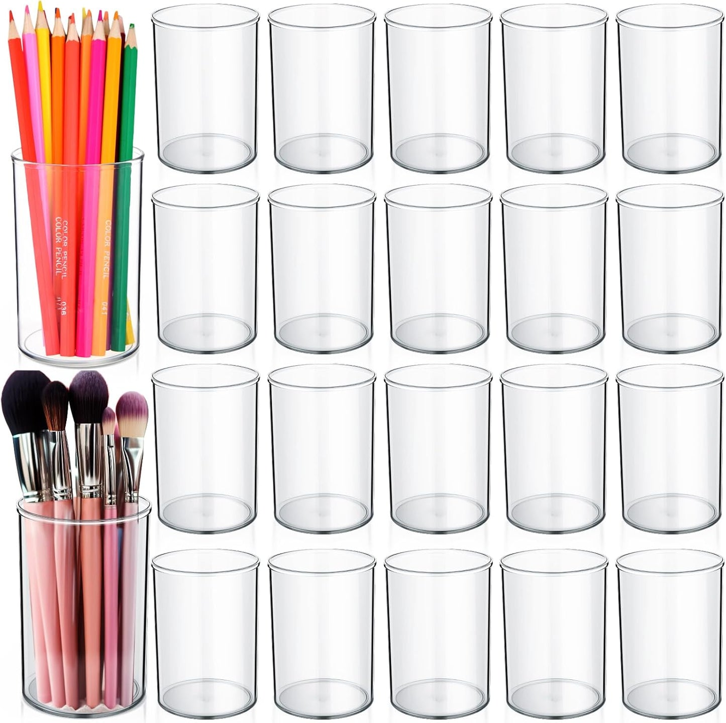 Crtiin 20 Pack Clear Acrylic Pen Holder Makeup Brush Round Pencil Holder for Desk Pen Cups Desk Organizers and Storage Desktop Stationery Organizer for Office School Home Supplies