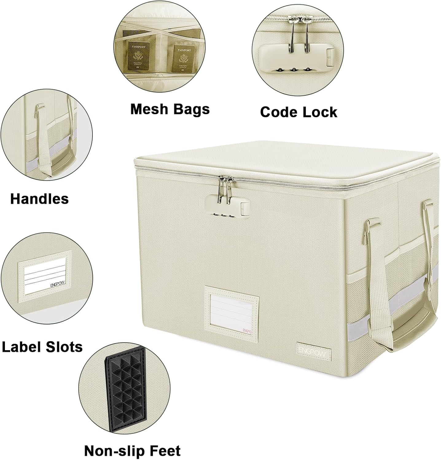 ENGPOW File Box with Lock, Fireproof Document Box with Zipper Lid, Collapsible File Storage Organizer Filing Cabinet with Handles, Portable Home Office Safe for Hanging Letter/Legal Folders, Beige