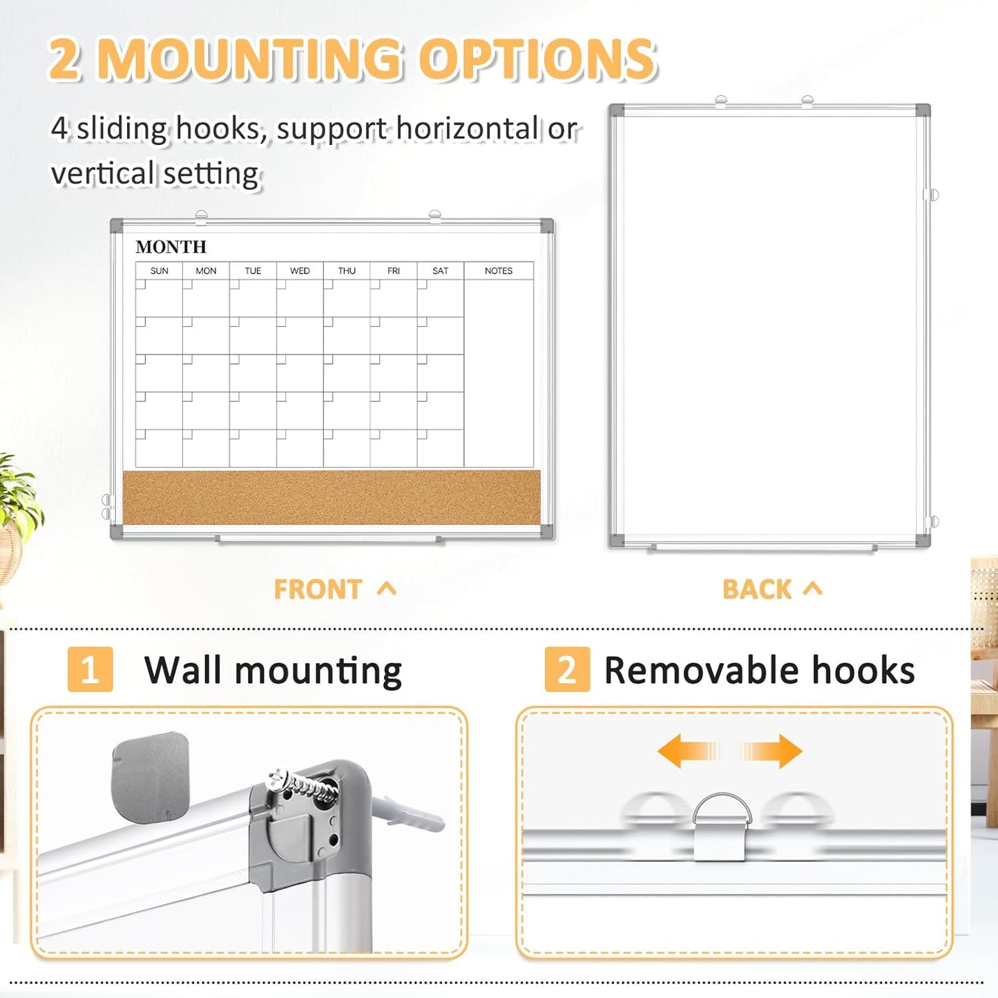 Dry Erase Calendar Whiteboard for Wall, 24"x18" Magnetic Monthly White Board Cork Board Combo, Double Sided, Aluminum Frame, Wall Hanging Wipe Board for Home, Office, School, Dorm