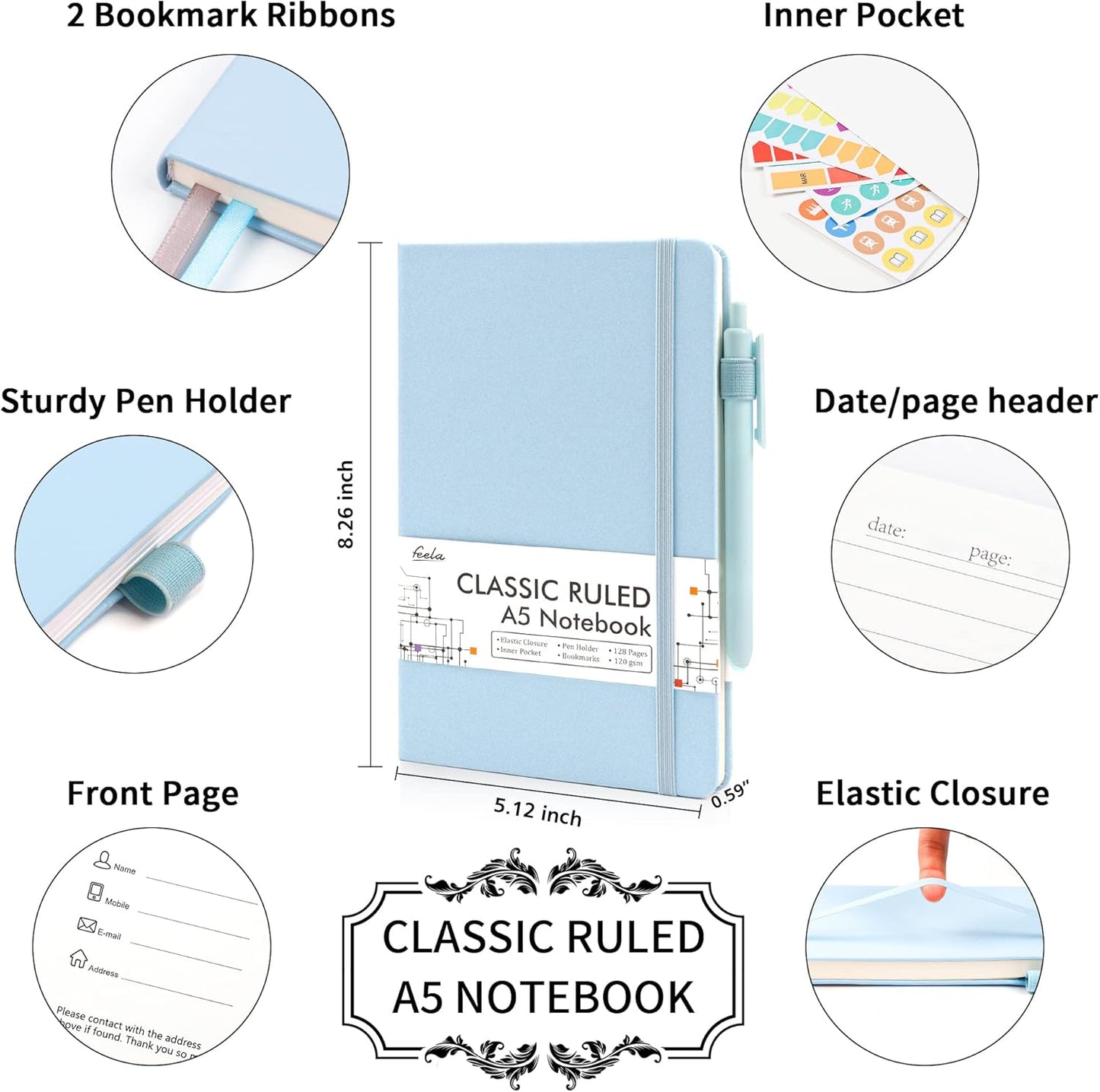 feela 18 Pack Journal Notebook for Work, Business Notebook Bulk Hardcover Lined Writing Journal with Pen Holder for Men Women Note Taking, with 18 Black Pens, 120 GSM, 5.1”x8.3”, A5, Light Blue