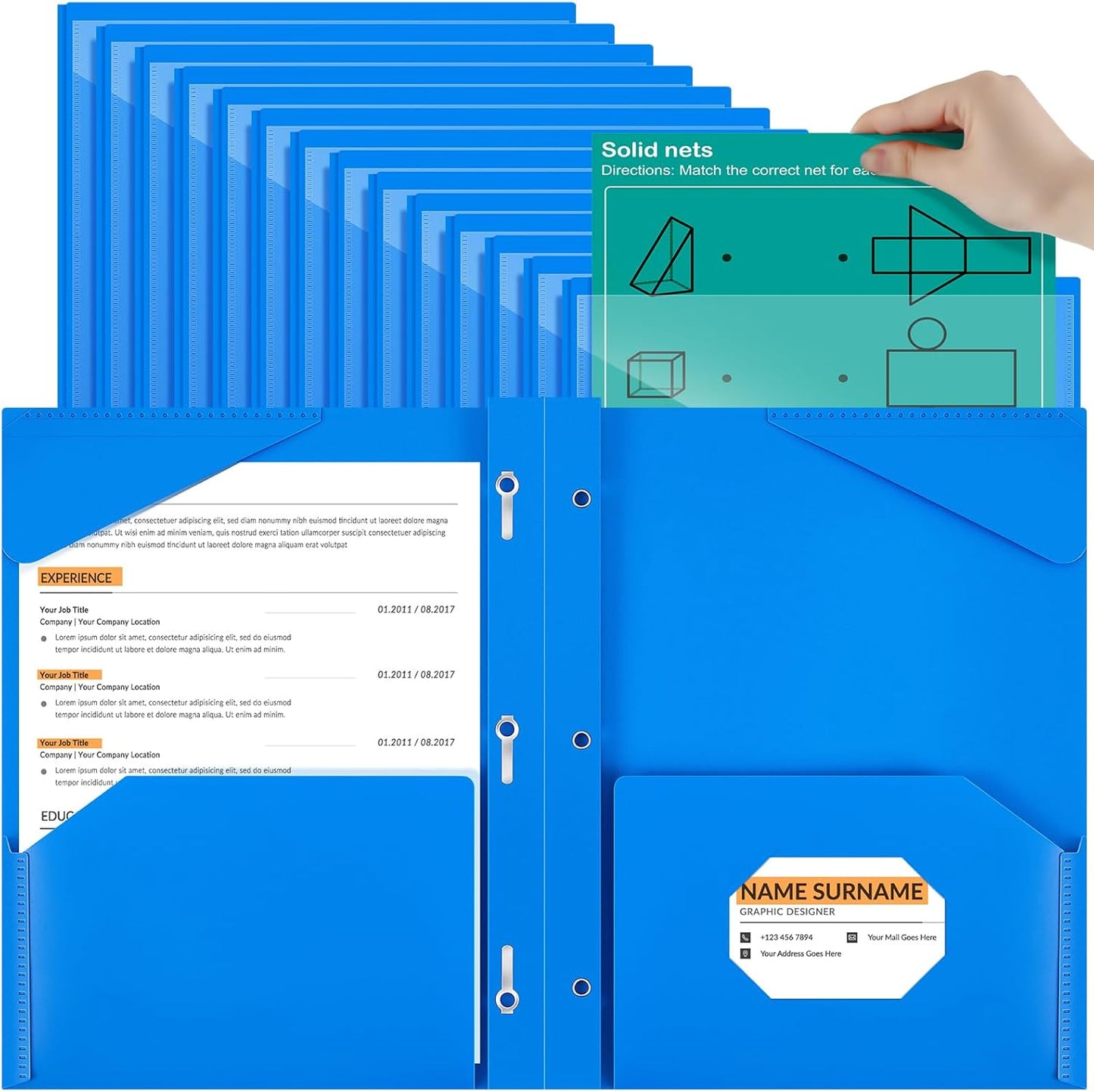 Henoyso 18 Pcs Plastic Folder with Clear Front Pocket and 3 Prong Plastic Folders with Card Slot Pocket Folders with Prongs for School Office (Blue)