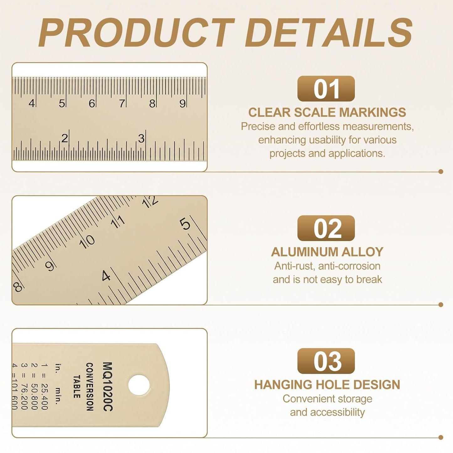 HARFINGTON 4pcs Metal Straight Ruler 20cm Metric SAE Aluminum Alloy Measuring Rulers Scale Tool with Hole for Measure Study Reading Classroom Office, Beige