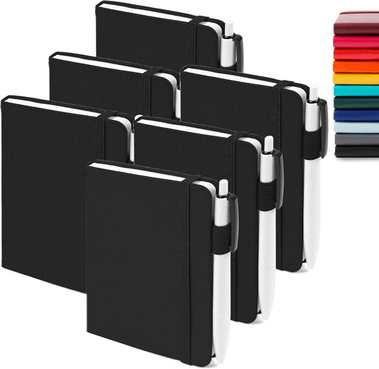 feela 6 Pack Pocket Mini Notebooks Bulk, Small Cute Memo Notepads Hardcover College Ruled Lined Journals with Pen Holder for School Business Work, with 6 Black Pens, 3.5”x 5.5”, A6, Black