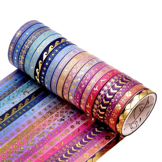 AEBORN Thin Purple Washi Tape - 20 Rolls 5mm Gold Foiled Skinny Washi Tape Set, Pretty Star Washi Tape for Bullet Journal, Scrapbook, Gift Packaging, DIY Crafts