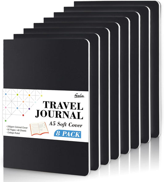 8 Pack Soft Cover Journal Bulk, Feela Notebooks College Ruled for Work, Lined Travel Journal for Women Men, Note Taking Notebook School Supplies Business Writing, 8.2” x 5.5”, A5, Black