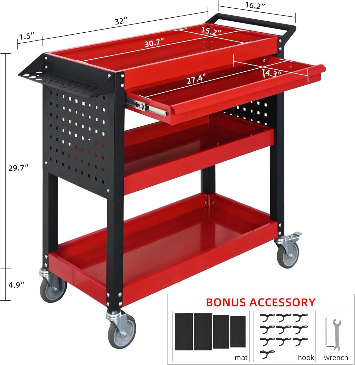 3 Tier Tool Cart on Wheels, Heavy Duty Metal Rolling with Drawers and Pegboards, 660 LBS Load Capacity Tool Storage Cart, Industrial Utility for Garage, Warehouse, Workshop