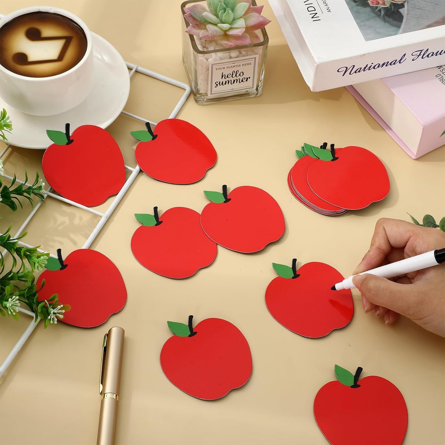 24Pcs Red Apples Dry Erase Magnetic Labels Back to School Reusable Name Tag Magnets with Erasable Pencil for Classroom Bulletin Board Wall Office Decor DIY Whiteboard Fridge