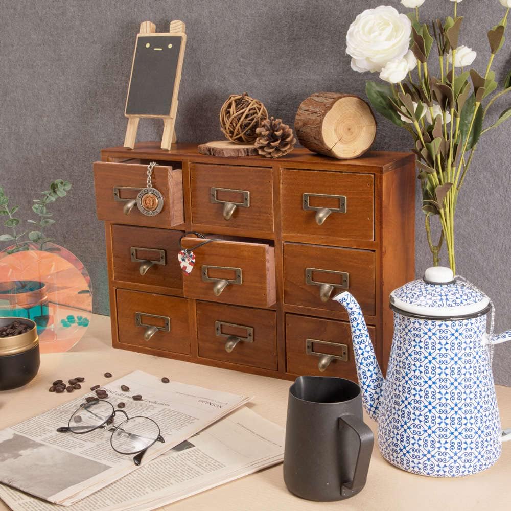 9 Drawers Library Card Catalog Cabinet with Labels Apothecary Cabinet Tabletop Apothecary Chests and Cabinets Herb Storage Box Wooden Desk Drawer Organizer Medicine Vintage Furniture(Brown)