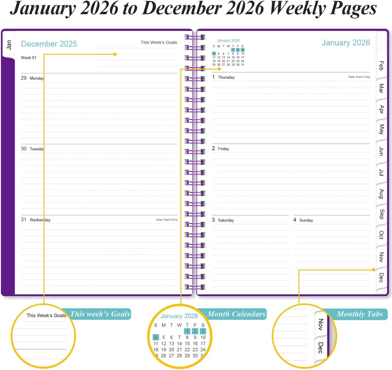 2026 Planner - Planner 2026 from January 2026 - December 2026, Weekly & Monthly Planner Spiral Bound with 12 Monthly Tabs, Inner Pocket, 6.4" x 8.5", Purple-B