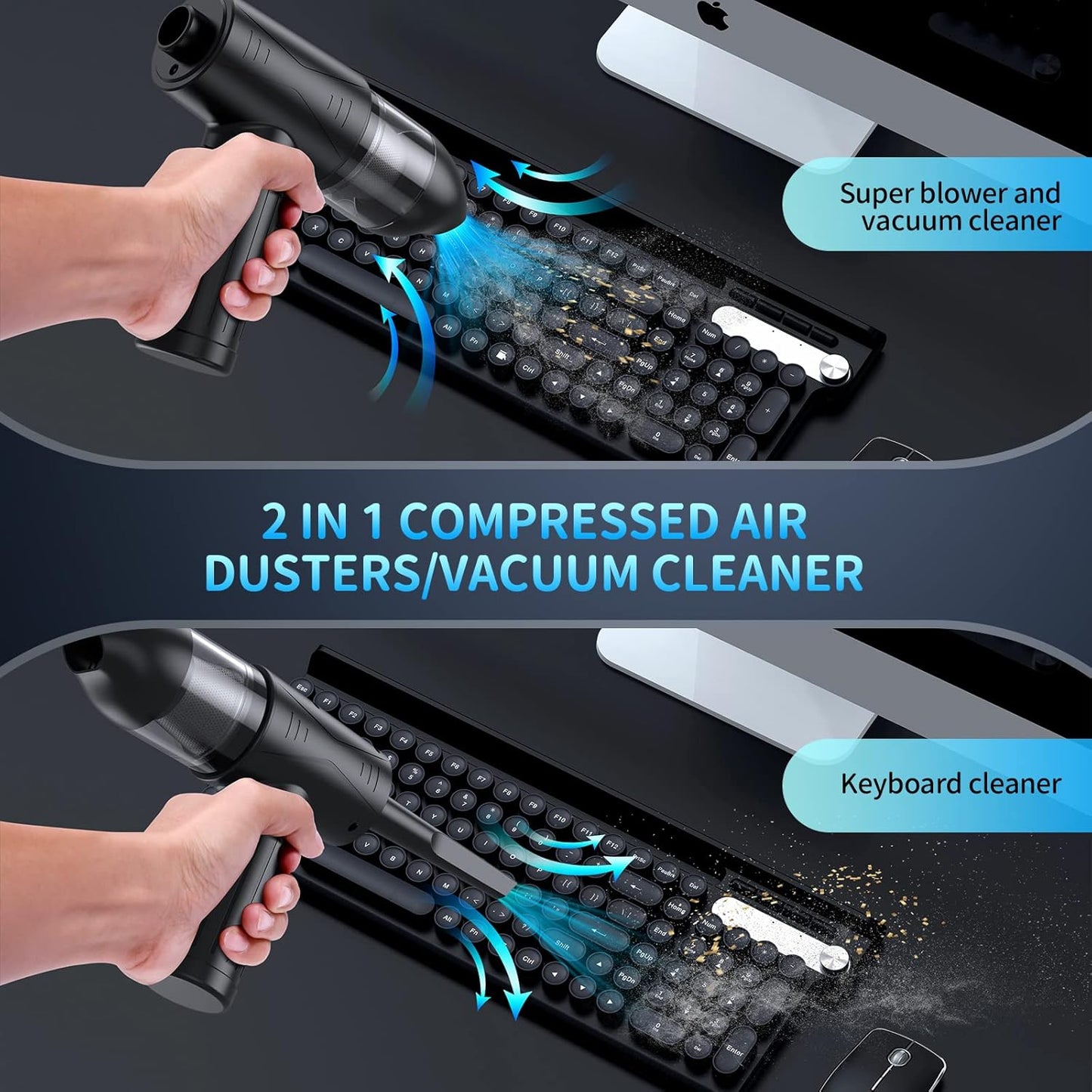 Electric Air Duster & Vacuum Cleaner 2-in-1, 110000RPM Keyboard Cleaner for PC, No Canned Air - Compressed Air Duster, Blower, Turbo Fan, Battery Powered, Refillable, PC Cleaning Kit