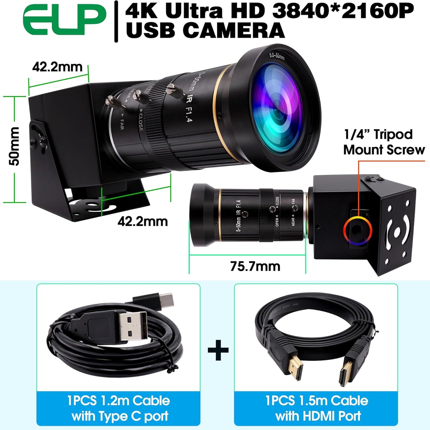 ELP 4K USB HDMI USB Camera Manual Zoom Webcam Variable Focus PC Camera Mini Close-up Camera for Computer H.264 Telescope USB Security Camera 8mp IMX415 Industrial CCTV Camera (5-50mm 10X Zoom Lens)