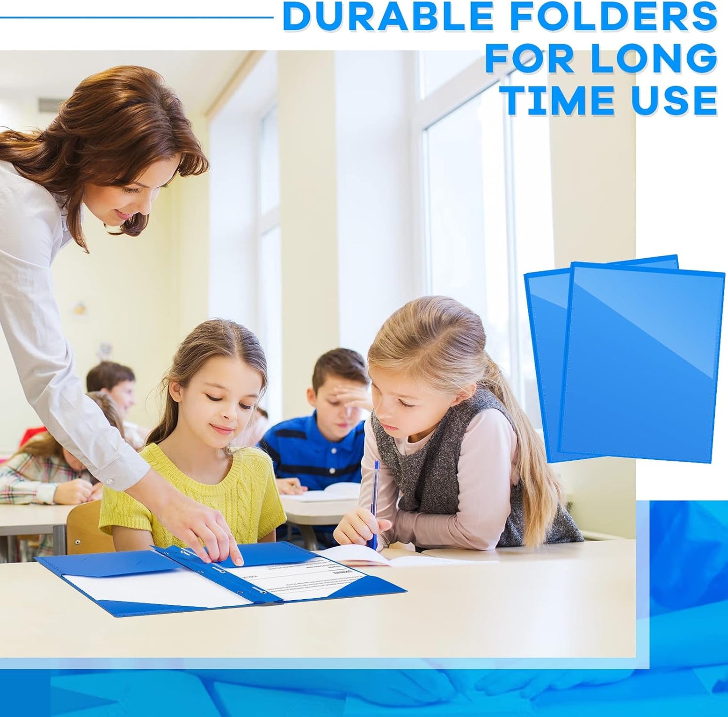 Henoyso 72 Pcs Plastic Folder with Clear Front Pocket and 3 Prong Plastic Folders with Card Slot Pocket Folders with Prongs for School Office (Blue)