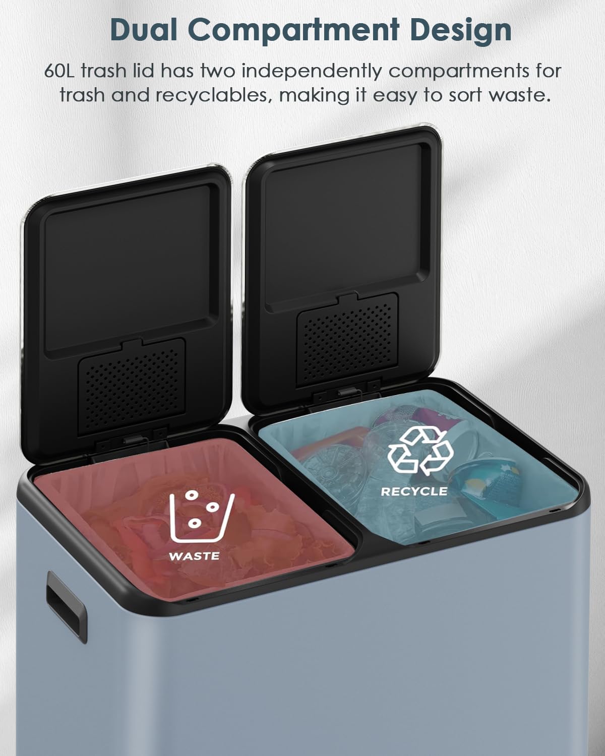 Arlopu 16Gal Dual Trash Can w/2 Built-in Box for Odor Control, Hands-Free Kitchen Garbage Bin, Recycle Waste Dustbin, Soft-Close Lid, 2 Buckets,Foot Pedal, Side Handle, Airtight,for Home Office