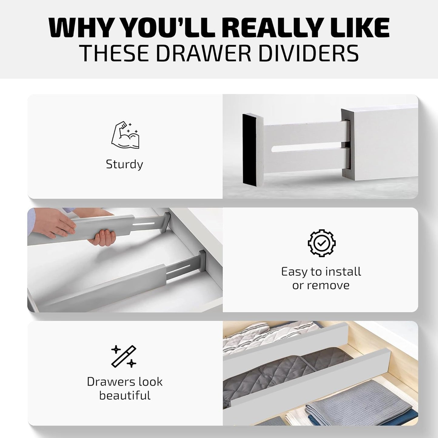 4 Pack Drawer Divider - Bamboo 2.6" High, 12.5-17" Adjustable Drawer Organizers for Clothes, Expandable Dresser Separators in Bedroom/Bathroom/Kitchen/Office Organization and Storage (Grey)