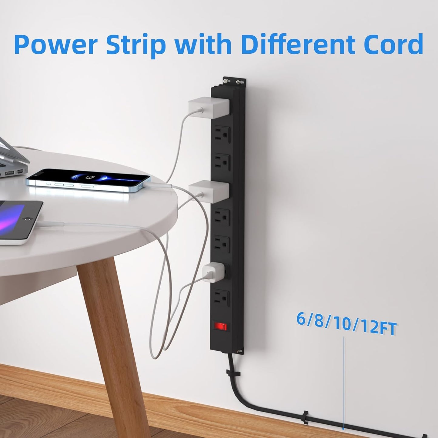 8 Outlets Metal Heavy Duty Power Strip with 12 Ft 14AWG Power Cord,Wide Spaced Outlets,Wall Mount Long Power Strip for Commercial,Industrial,School,Garage,Home,15A 125V 1875W,Black (12FT)