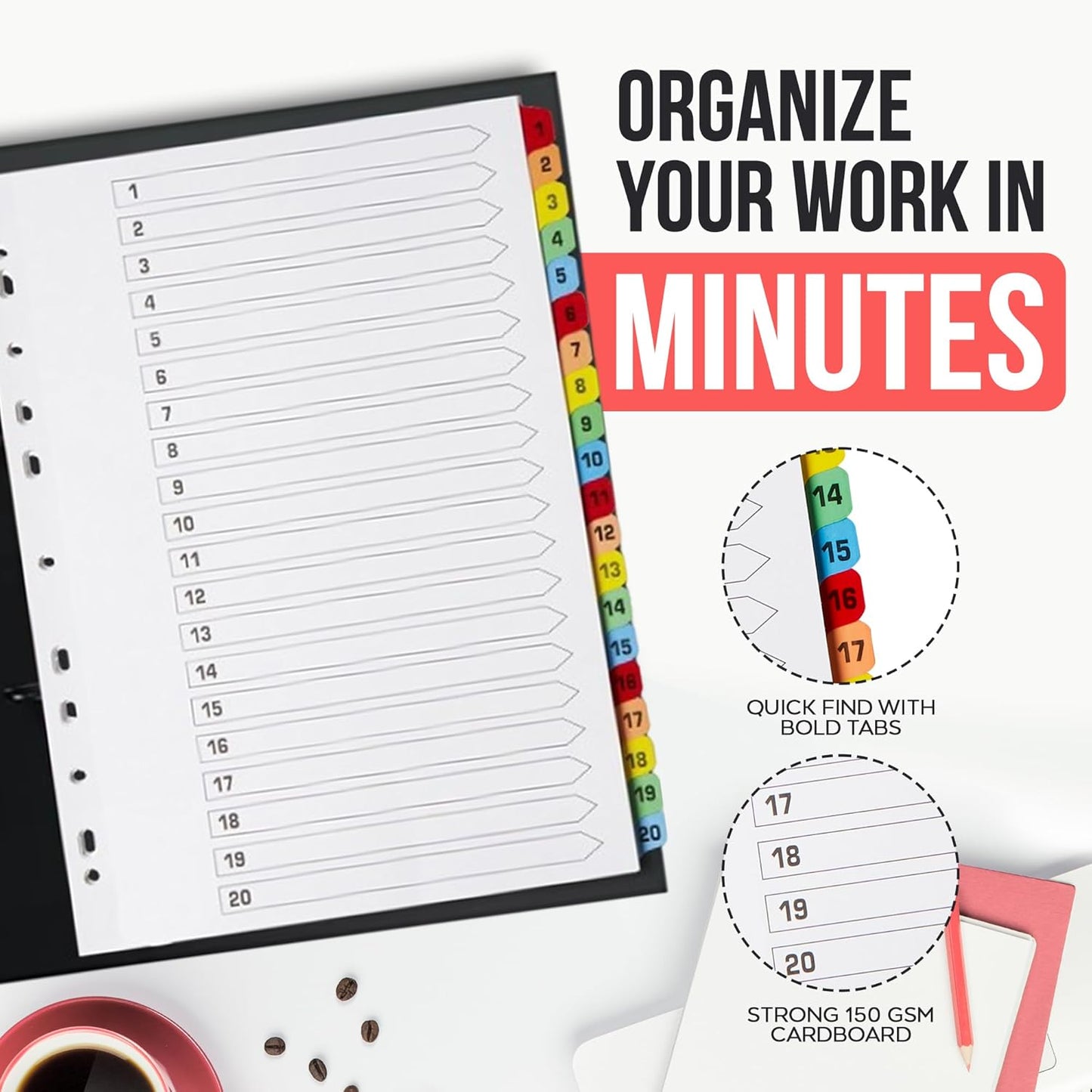 Binder Dividers with Tabs 1-20 Numbered – A4 (3 Pack) | Dividers for 3 Ring Binder | Numbered Tab Dividers for Office, School & Home Organization - The Paper Shop