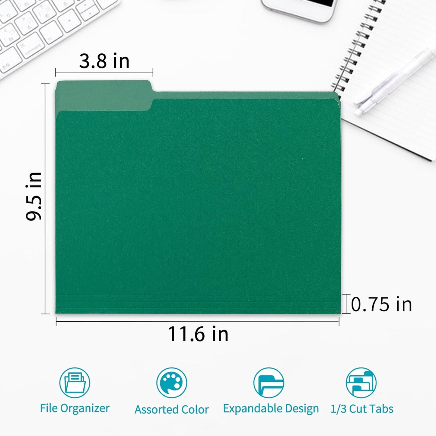 100 Packs Colored File Folders,Green File Folders,Two Tone Color File Folder 8.5 x 11 Inch,1/3 Cut Tabs Letter Size,Manila File Folders for Office,School and Home,Organization